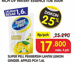 Promo Harga SUPER PELL Pembersih Lantai Lemon Ginger, Fresh Apple 1600 ml - Superindo