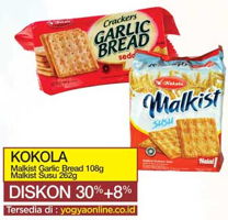 Promo Harga KOKOLA Crackers Garlic Bread 108gr / Malkist Susu 262gr - Yogya