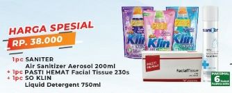 Promo Harga SANITER SANITER Air Sanitizer Aerosol 200ml, PASTI HEMAT Facial Tissue 230s, SO KLIN Liquid Detergent 750ml - Yogya