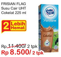 Promo Harga FRISIAN FLAG Susu UHT Purefarm Swiss Chocolate per 2 box 225 ml - Indomaret