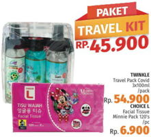 Promo Harga TWINKLE TWINKLE Travel Pack COVID 3 x 100ml + CHOICE L Facial Tissue Minnie 120Pcs - LotteMart