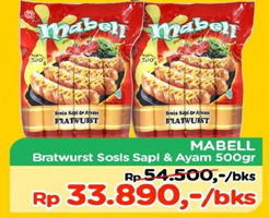 Promo Harga MABELL MABELL Bratwurst Sosis Sapi & Ayam 500 g - TIP TOP