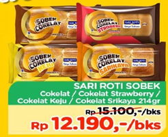 Promo Harga SARI ROTI Roti Manis Sobek Coklat, Strawberry, Coklat Keju, Coklat Srikaya 214 gr - TIP TOP
